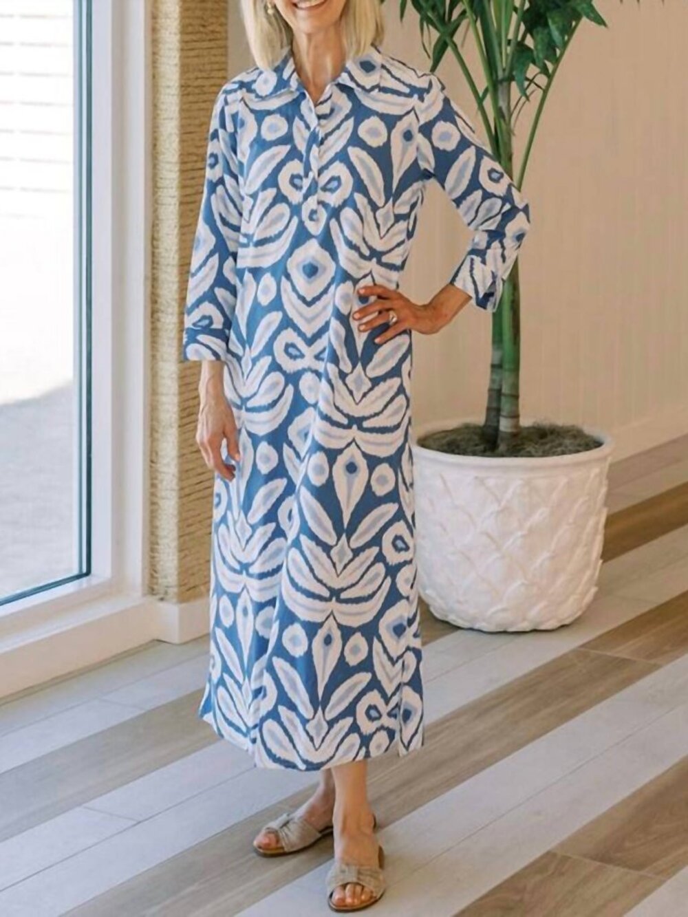 Navybleu Sara Midi Dress in Blue Ikat Print - 100% Cotton Poplin